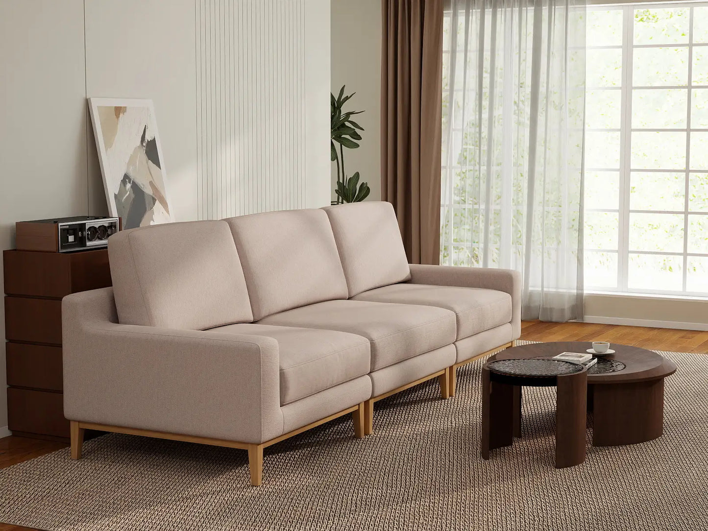 Deluxe Cloud 3-Seater Khaki Couch Sectional | 3-Piece, Linen Look Poly Fabric, Washable Cushion Covers