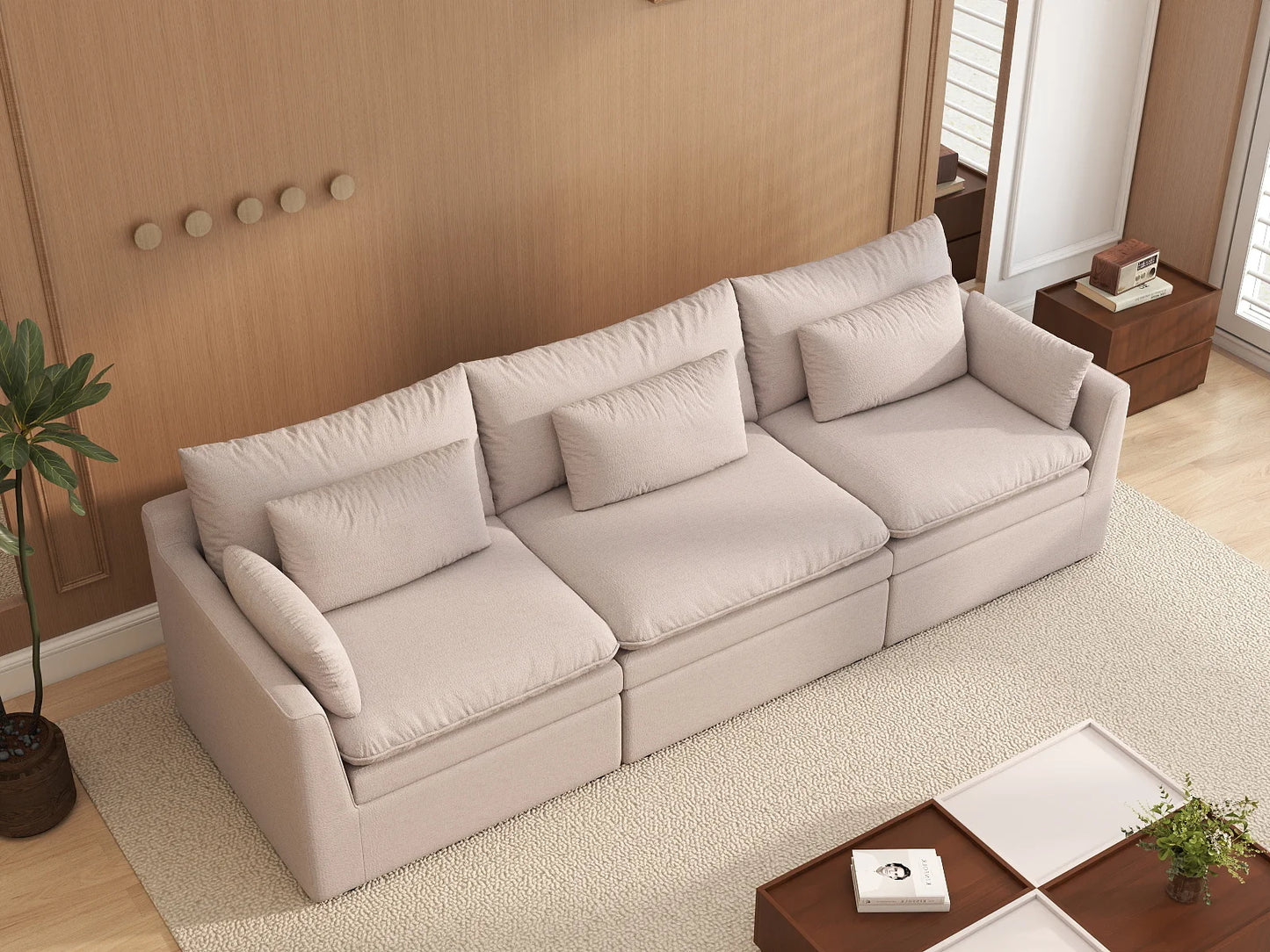 Deluxe Cloud 3-Seater Khaki Couch Sectional | 3-Piece, Linen Look Poly Fabric, Washable Cushion Covers