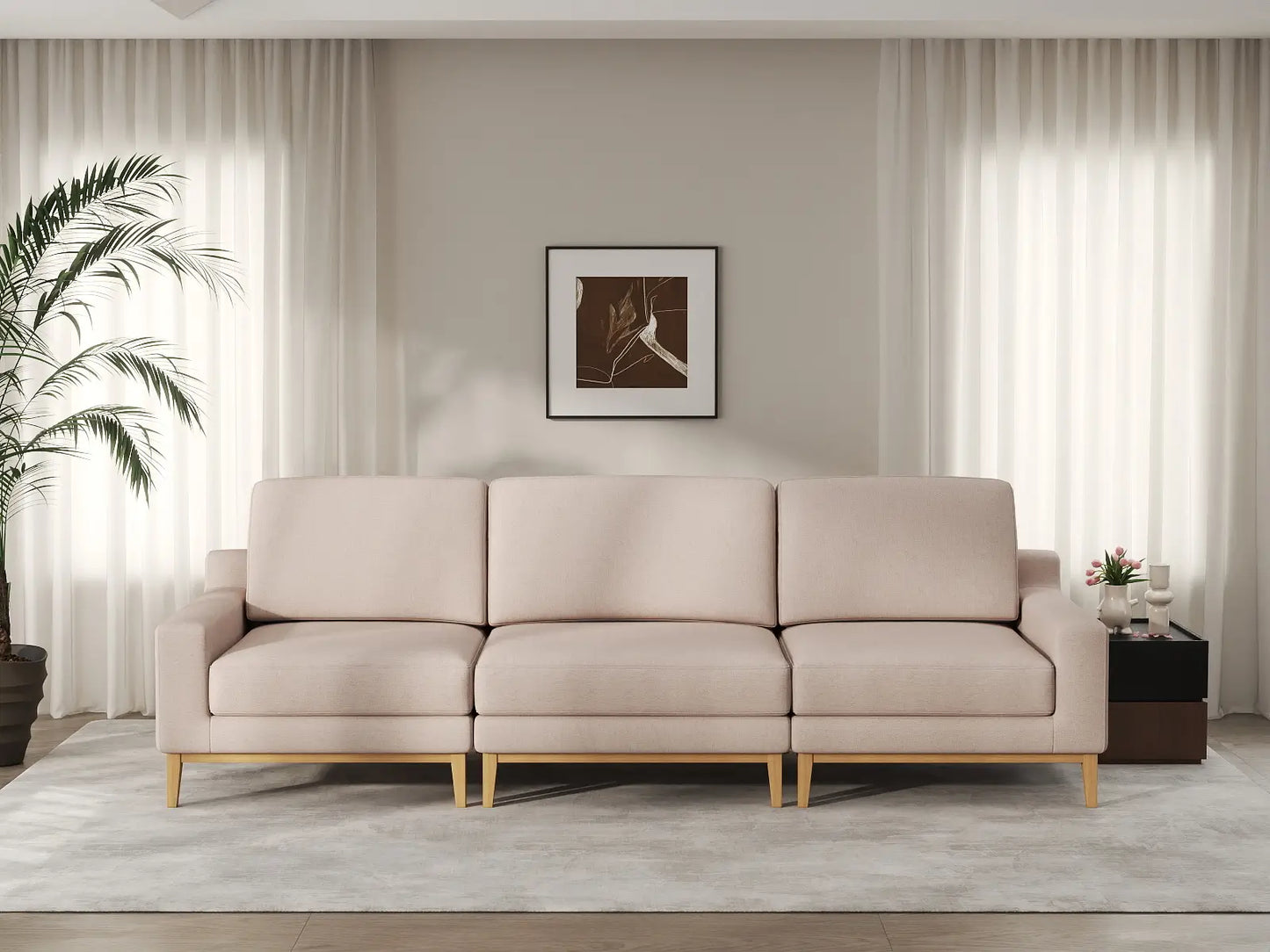 Deluxe Cloud 3-Seater Khaki Couch Sectional | 3-Piece, Linen Look Poly Fabric, Washable Cushion Covers