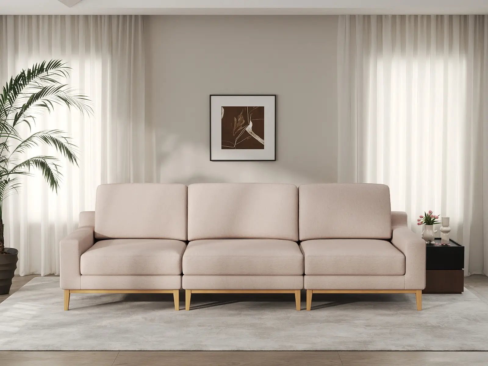 Deluxe Cloud 3-Seater Khaki Couch Sectional | 3-Piece, Linen Look Poly Fabric, Washable Cushion Covers