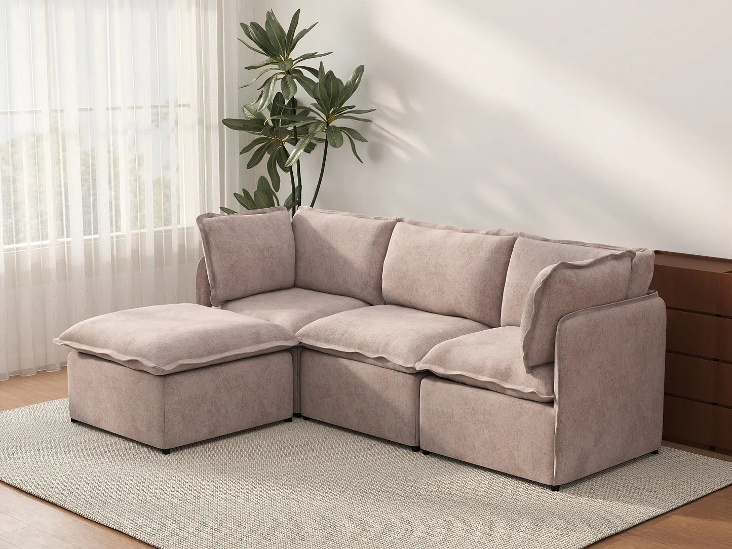 Deluxe Cloud 3-Seater Khaki L-Shaped Sectional | 4-Piece (Includes 1 Ottoman), Linen Look Poly Fabric, Washable Cushion Covers