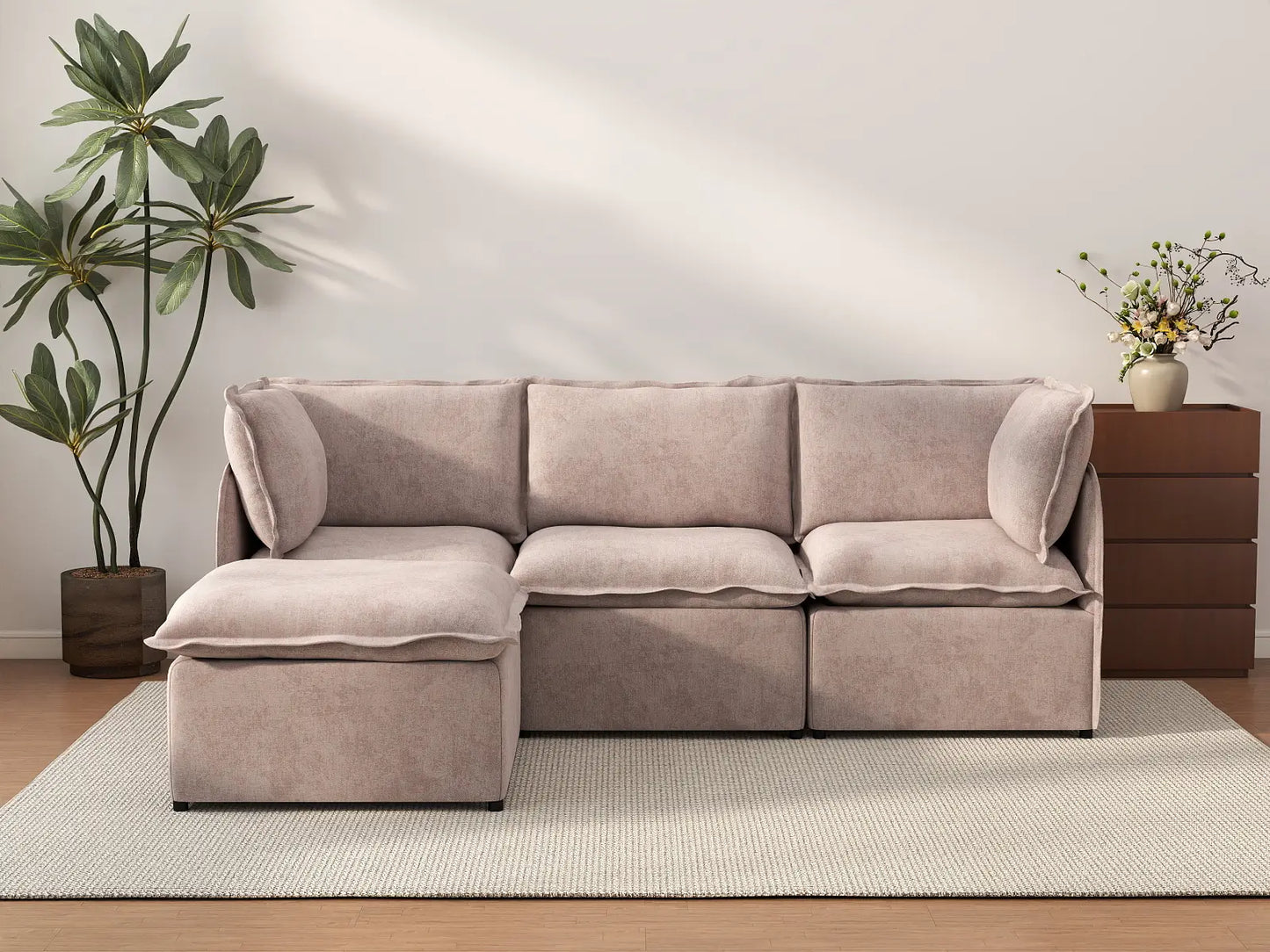 Deluxe Cloud 3-Seater Khaki L-Shaped Sectional | 4-Piece (Includes 1 Ottoman), Linen Look Poly Fabric, Washable Cushion Covers