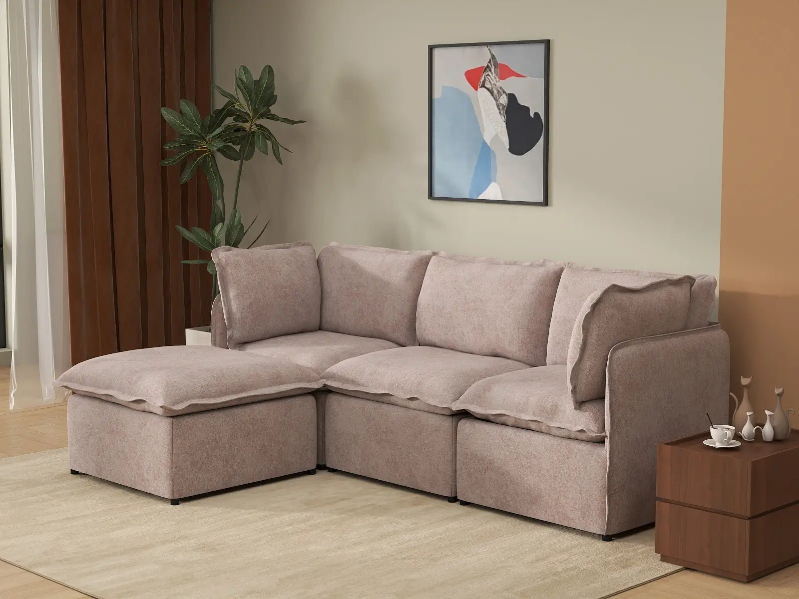 Deluxe Cloud 3-Seater Khaki L-Shaped Sectional | 4-Piece (Includes 1 Ottoman), Linen Look Poly Fabric, Washable Cushion Covers