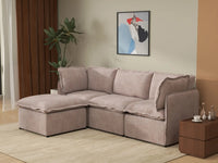 Deluxe Cloud 3-Seater Khaki L-Shaped Sectional | 4-Piece (Includes 1 Ottoman), Linen Look Poly Fabric, Washable Cushion Covers