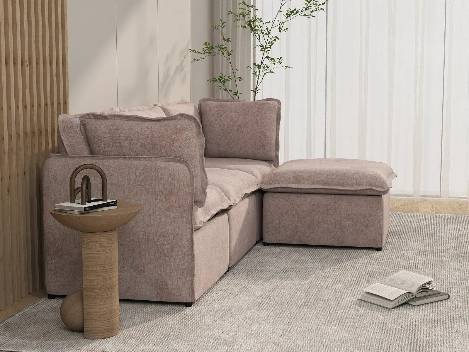 Deluxe Cloud 3-Seater Khaki L-Shaped Sectional | 4-Piece (Includes 1 Ottoman), Linen Look Poly Fabric, Washable Cushion Covers