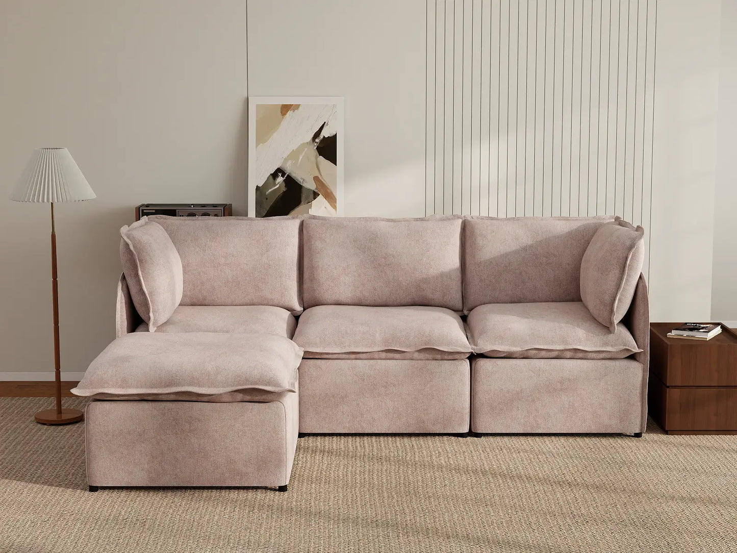 Deluxe Cloud 3-Seater Khaki L-Shaped Sectional | 4-Piece (Includes 1 Ottoman), Linen Look Poly Fabric, Washable Cushion Covers