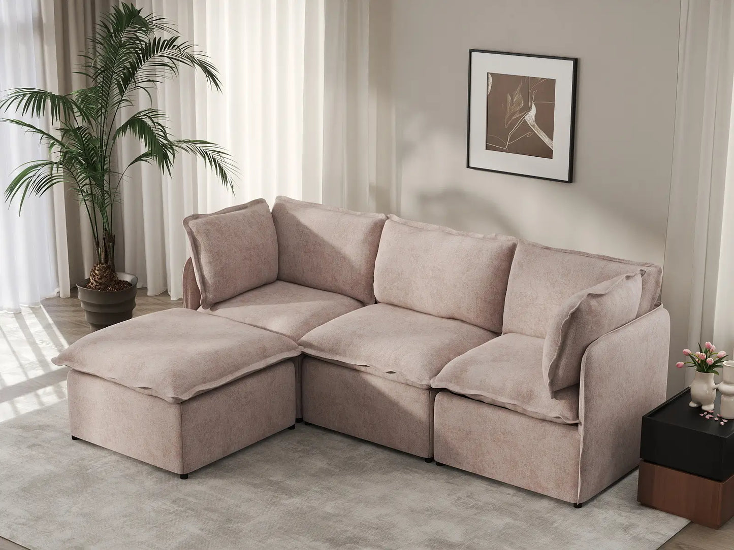 Deluxe Cloud 3-Seater Khaki L-Shaped Sectional | 4-Piece (Includes 1 Ottoman), Linen Look Poly Fabric, Washable Cushion Covers