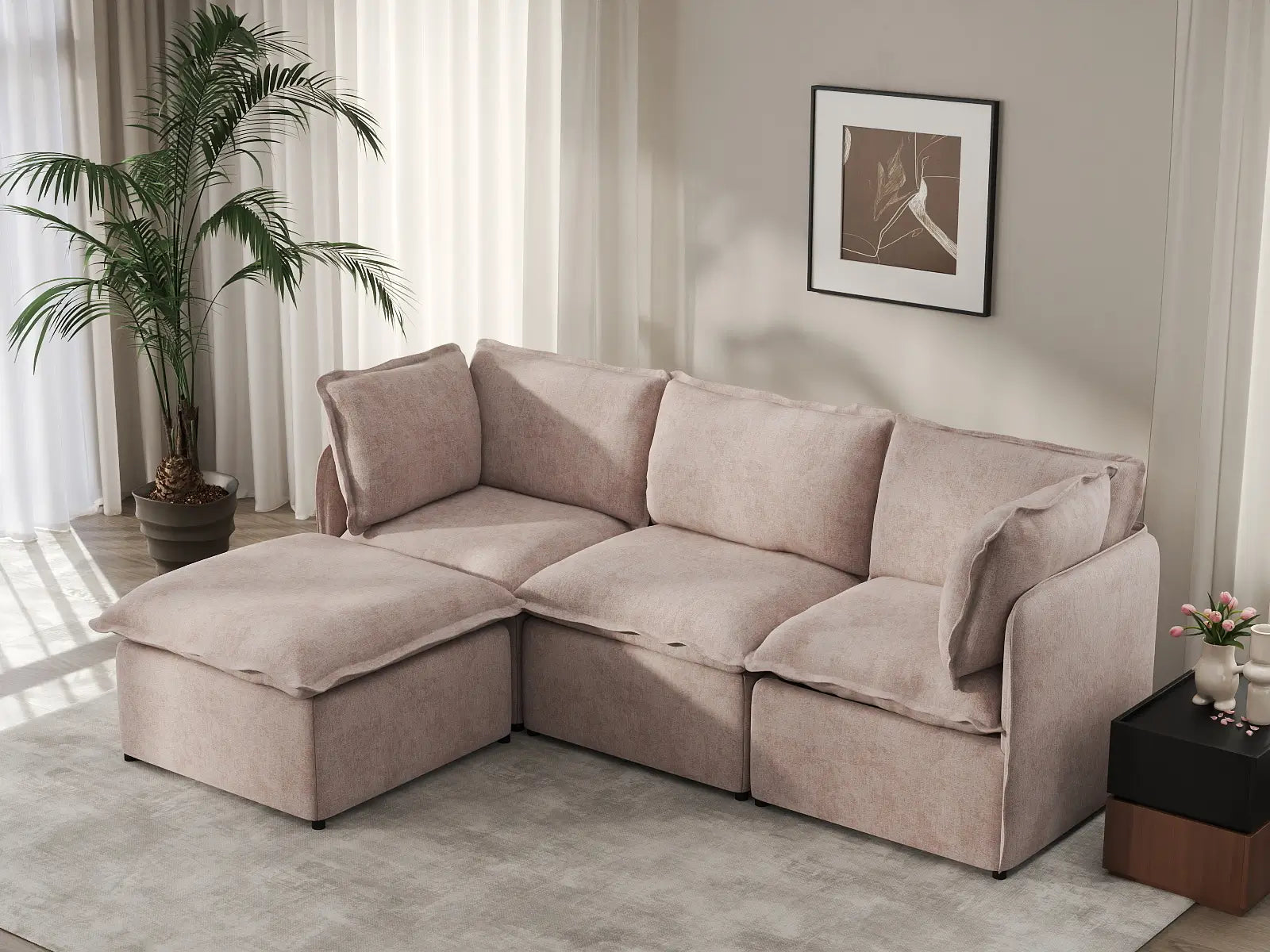 Deluxe Cloud 3-Seater Khaki L-Shaped Sectional | 4-Piece (Includes 1 Ottoman), Linen Look Poly Fabric, Washable Cushion Covers
