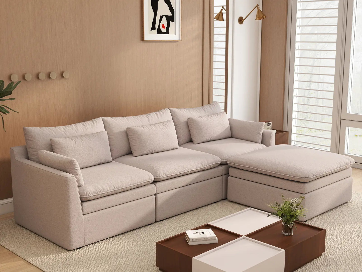 Deluxe Cloud 3-Seater Khaki L-Shaped Sectional | 4-Piece (Includes 1 Ottoman), Linen Look Poly Fabric, Washable Cushion Covers