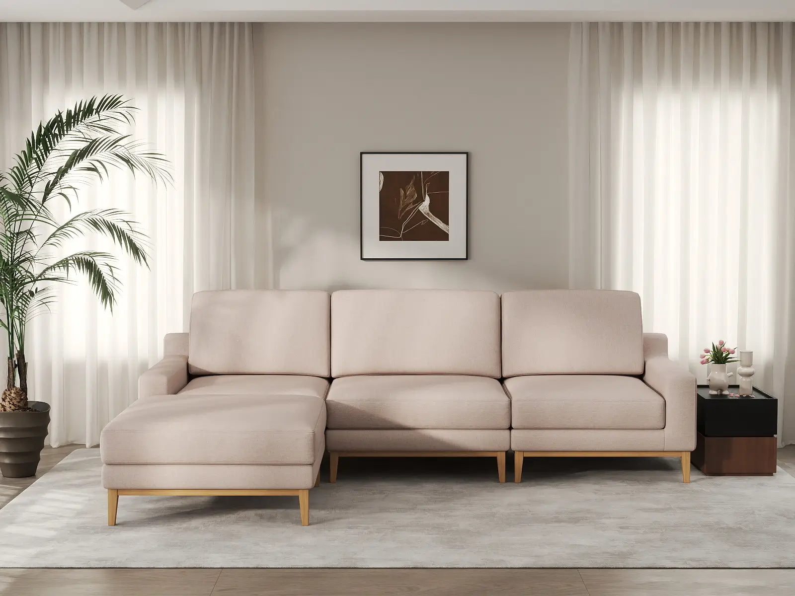 Deluxe Cloud 3-Seater Khaki L-Shaped Sectional | 4-Piece (Includes 1 Ottoman), Linen Look Poly Fabric, Washable Cushion Covers