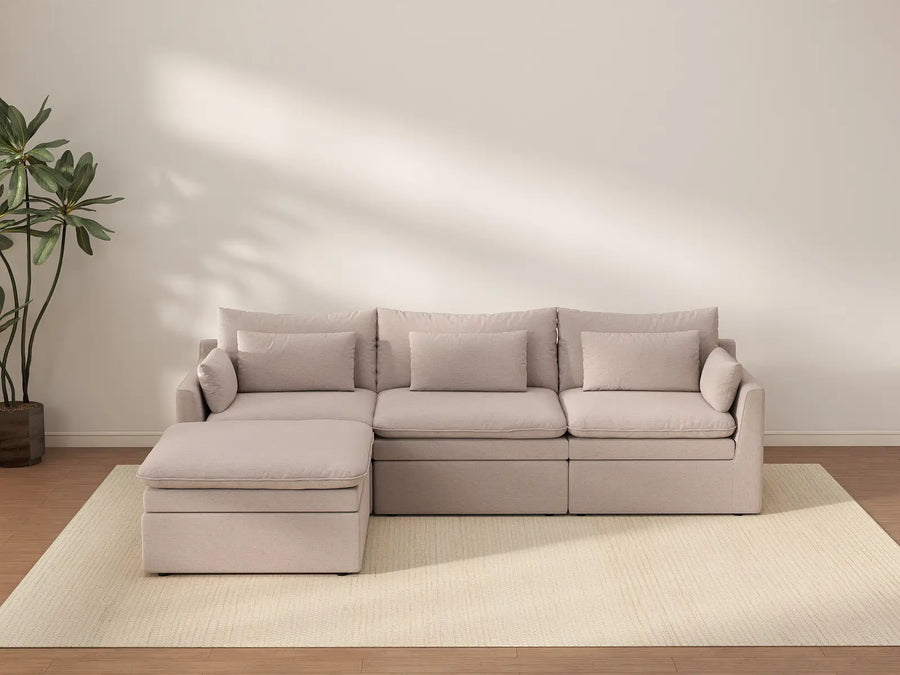 Deluxe Cloud 3-Seater Khaki L-Shaped Sectional | 4-Piece (Includes 1 Ottoman), Linen Look Poly Fabric, Washable Cushion Covers