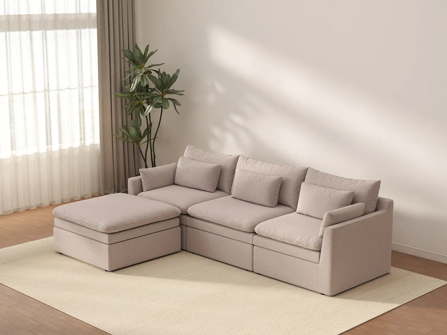 Deluxe Cloud 3-Seater Khaki L-Shaped Sectional | 4-Piece (Includes 1 Ottoman), Linen Look Poly Fabric, Washable Cushion Covers