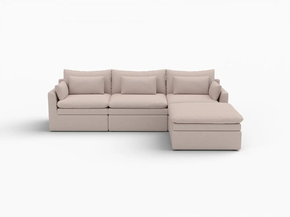 Deluxe Cloud 3-Seater Khaki L-Shaped Sectional | 4-Piece (Includes 1 Ottoman), Linen Look Poly Fabric, Washable Cushion Covers