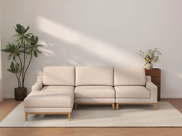 Deluxe Cloud 3-Seater Khaki L-Shaped Sectional | 4-Piece (Includes 1 Ottoman), Linen Look Poly Fabric, Washable Cushion Covers