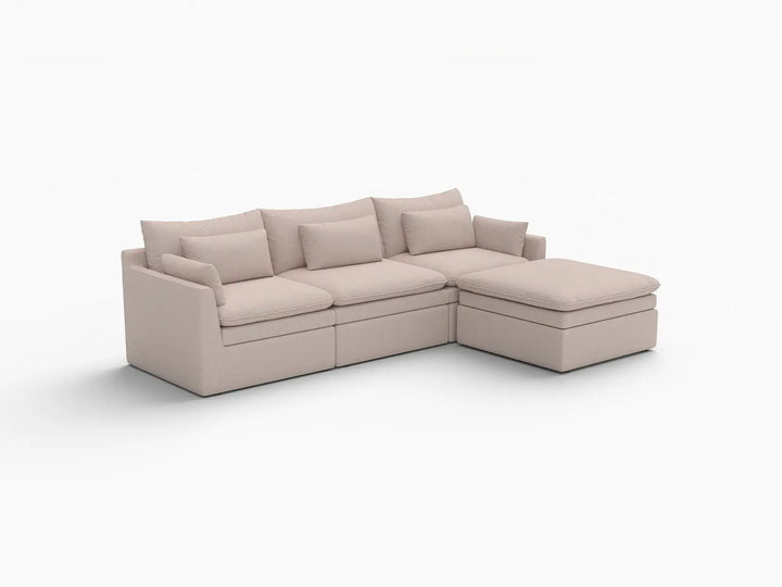 Deluxe Cloud 3-Seater Khaki L-Shaped Sectional | 4-Piece (Includes 1 Ottoman), Linen Look Poly Fabric, Washable Cushion Covers