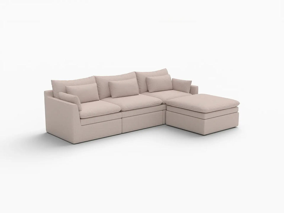 Deluxe Cloud 3-Seater Khaki L-Shaped Sectional | 4-Piece (Includes 1 Ottoman), Linen Look Poly Fabric, Washable Cushion Covers