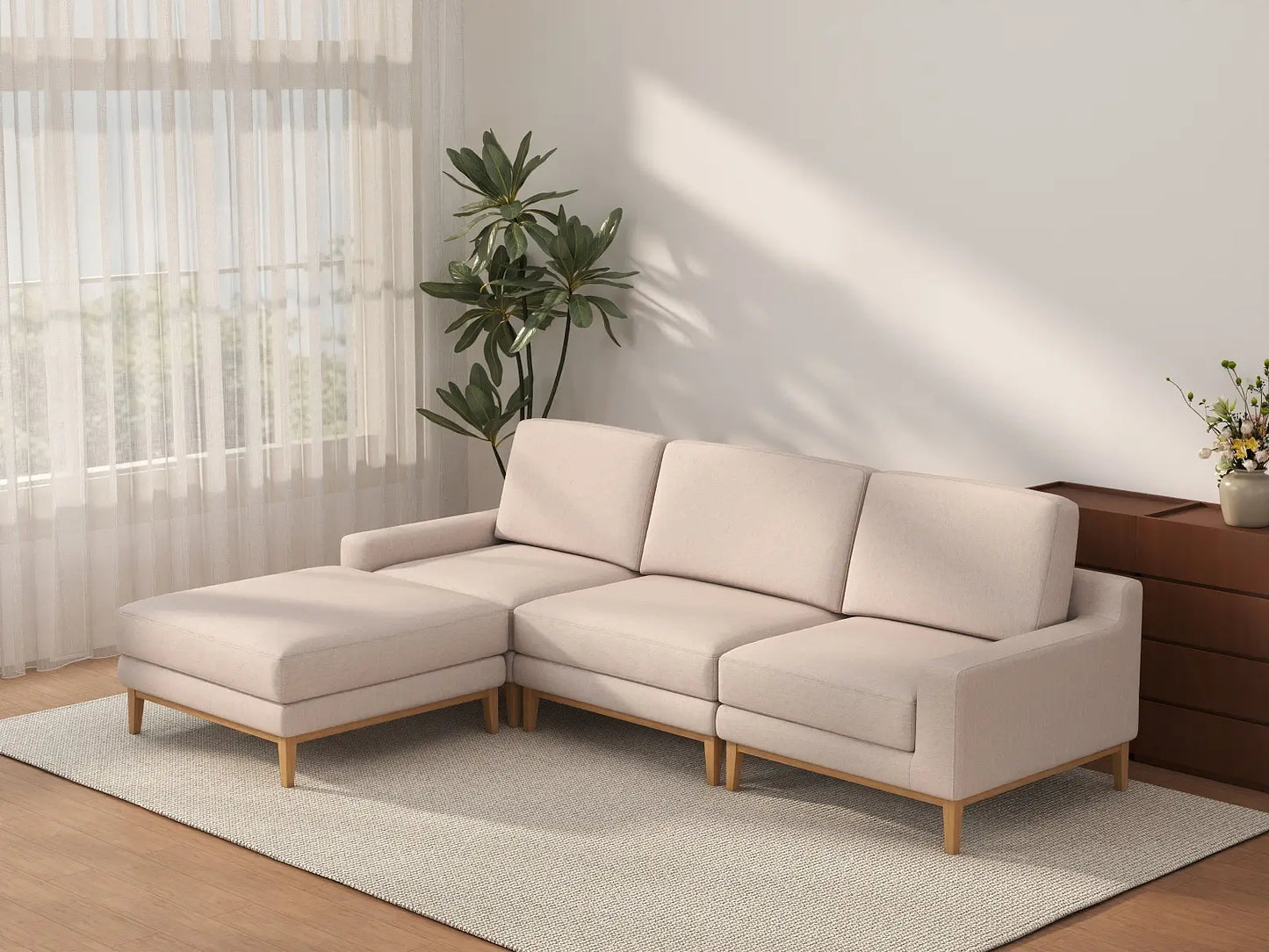 Deluxe Cloud 3-Seater Khaki L-Shaped Sectional | 4-Piece (Includes 1 Ottoman), Linen Look Poly Fabric, Washable Cushion Covers