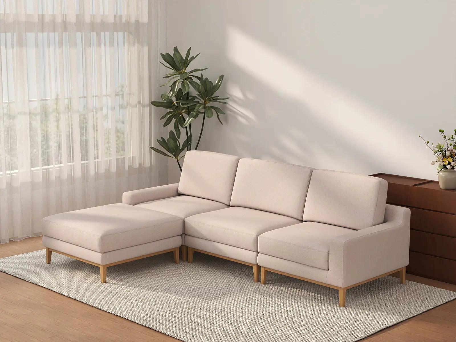 Deluxe Cloud 3-Seater Khaki L-Shaped Sectional | 4-Piece (Includes 1 Ottoman), Linen Look Poly Fabric, Washable Cushion Covers