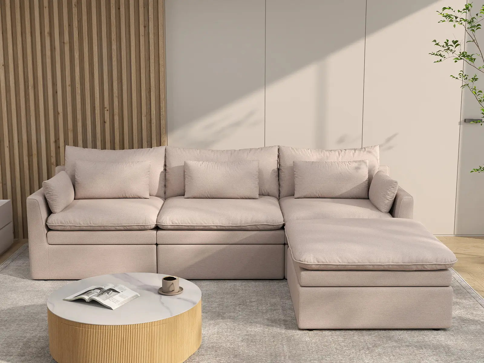 Deluxe Cloud 3-Seater Khaki L-Shaped Sectional | 4-Piece (Includes 1 Ottoman), Linen Look Poly Fabric, Washable Cushion Covers