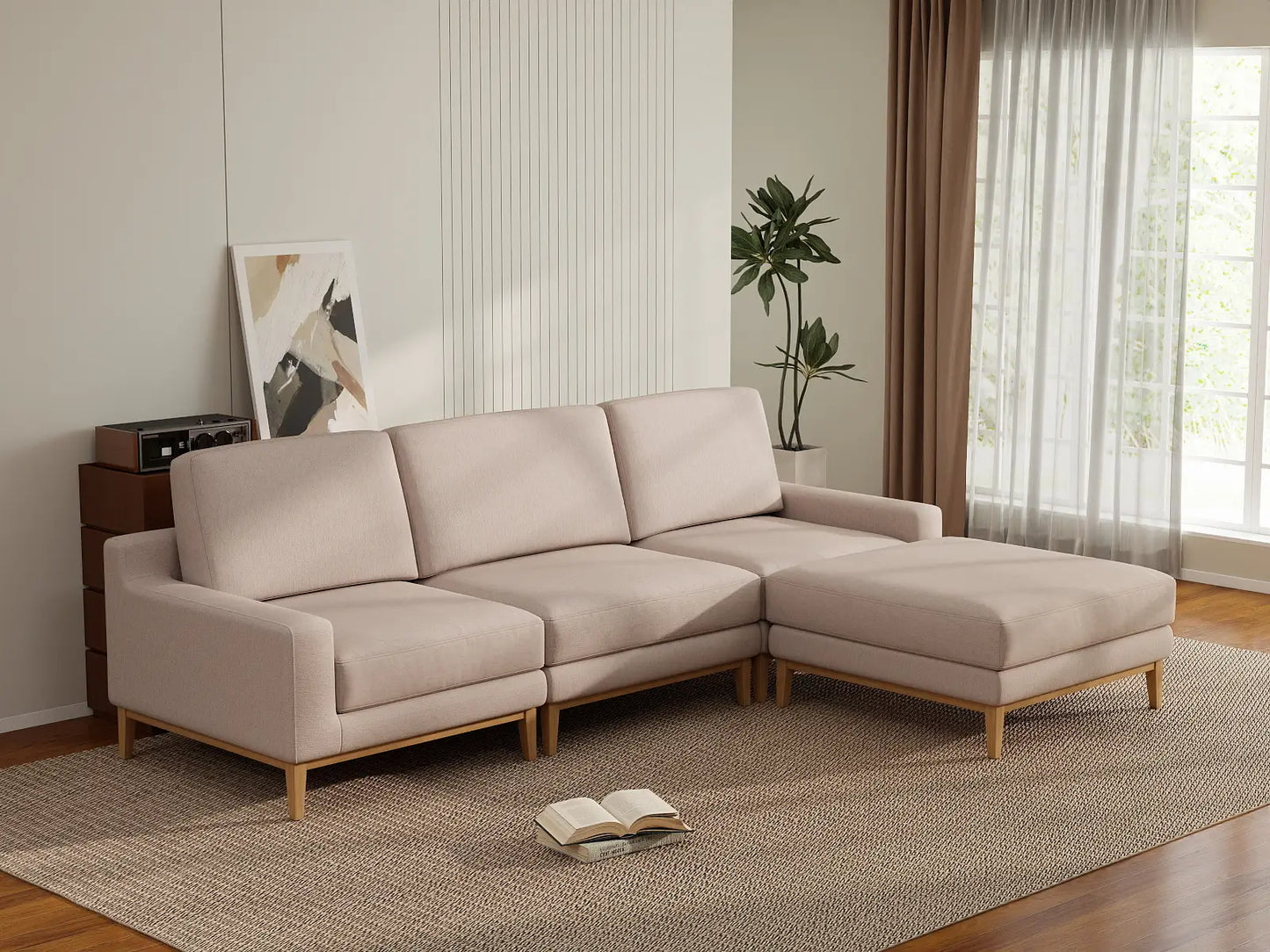 Deluxe Cloud 3-Seater Khaki L-Shaped Sectional | 4-Piece (Includes 1 Ottoman), Linen Look Poly Fabric, Washable Cushion Covers
