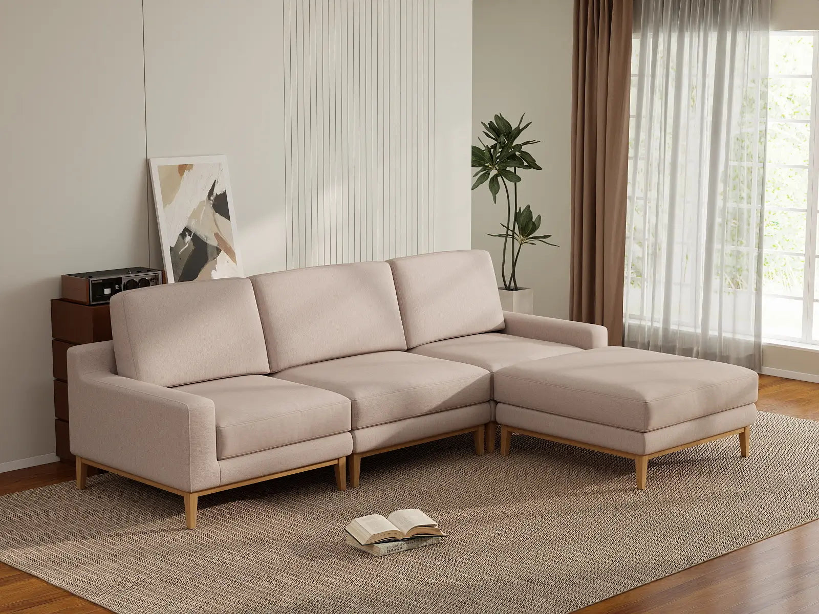 Deluxe Cloud 3-Seater Khaki L-Shaped Sectional | 4-Piece (Includes 1 Ottoman), Linen Look Poly Fabric, Washable Cushion Covers