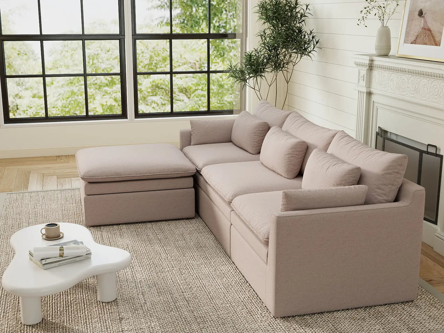 Deluxe Cloud 3-Seater Khaki L-Shaped Sectional | 4-Piece (Includes 1 Ottoman), Linen Look Poly Fabric, Washable Cushion Covers