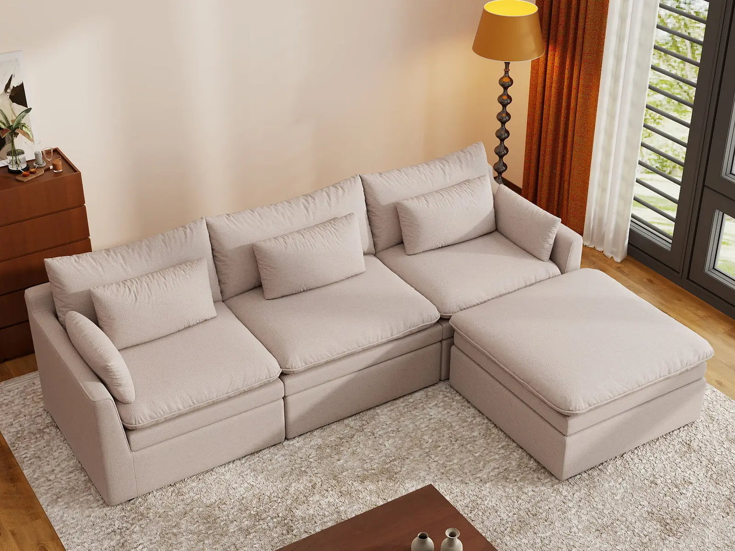 Deluxe Cloud 3-Seater Khaki L-Shaped Sectional | 4-Piece (Includes 1 Ottoman), Linen Look Poly Fabric, Washable Cushion Covers