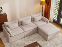 Deluxe Cloud 3-Seater Khaki L-Shaped Sectional | 4-Piece (Includes 1 Ottoman), Linen Look Poly Fabric, Washable Cushion Covers