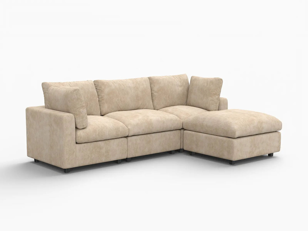 Deluxe Cloud 3-Seater Khaki Large Space L-Shaped Sectional | 4-Piece (Includes 1 Ottoman), Linen-Blend Chenille Fabric, Easy To Clean