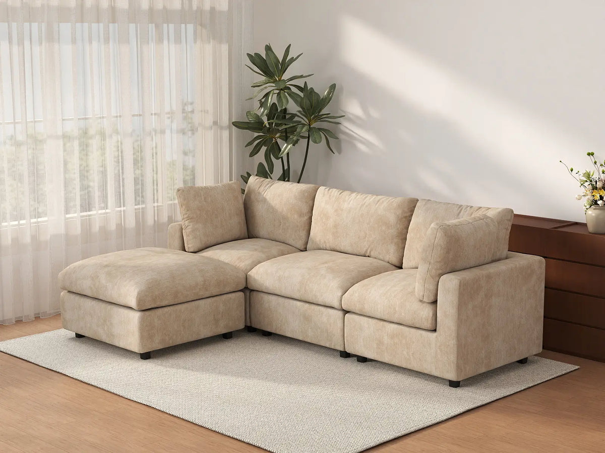 Deluxe Cloud 3-Seater Khaki Large Space L-Shaped Sectional | 4-Piece (Includes 1 Ottoman), Linen-Blend Chenille Fabric, Easy To Clean