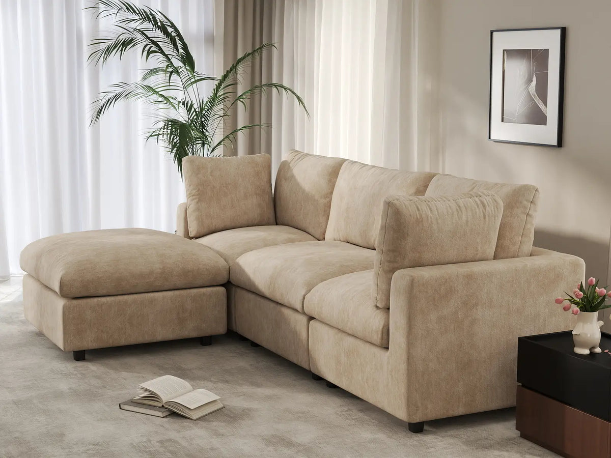 Deluxe Cloud 3-Seater Khaki Large Space L-Shaped Sectional | 4-Piece (Includes 1 Ottoman), Linen-Blend Chenille Fabric, Easy To Clean