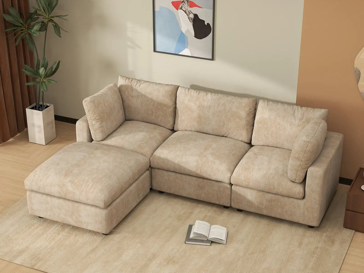 Deluxe Cloud 3-Seater Khaki Large Space L-Shaped Sectional | 4-Piece (Includes 1 Ottoman), Linen-Blend Chenille Fabric, Easy To Clean