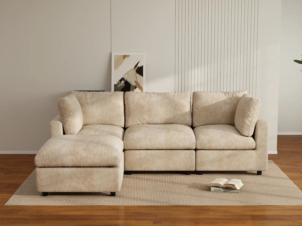 Deluxe Cloud 3-Seater Khaki Large Space L-Shaped Sectional | 4-Piece (Includes 1 Ottoman), Linen-Blend Chenille Fabric, Easy To Clean