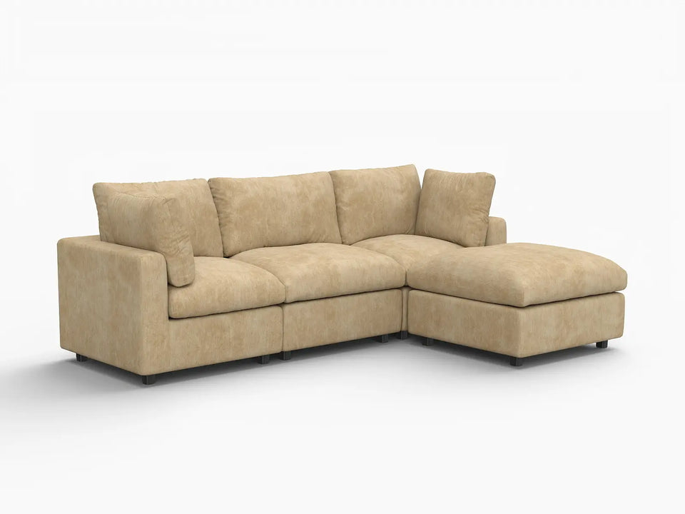 Deluxe Cloud 3-Seater Khaki Large Space L-Shaped Sectional | 4-Piece (Includes 1 Ottoman), Linen-Blend Chenille Fabric, Easy To Clean