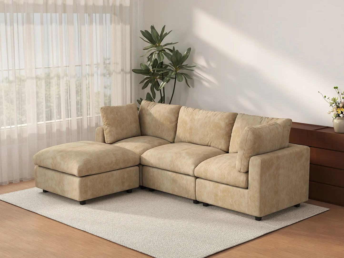 Seccional en forma de L de 3 plazas Deluxe Cloud de lona color caqui | 4 piezas (incluye 1 otomana), tela de chenilla de mezcla de lino, fácil de limpiar