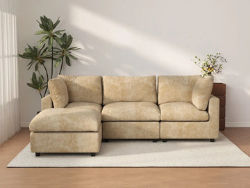 Deluxe Cloud 3-Seater Khaki Large Space L-Shaped Sectional | 4-Piece (Includes 1 Ottoman), Linen-Blend Chenille Fabric, Easy To Clean