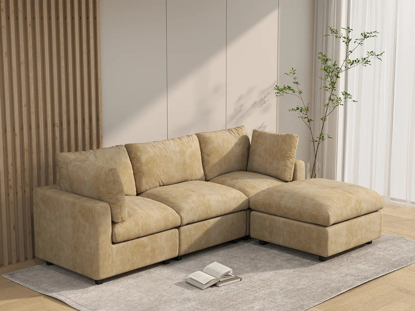 Seccional en forma de L de 3 plazas Deluxe Cloud de lona color caqui | 4 piezas (incluye 1 otomana), tela de chenilla de mezcla de lino, fácil de limpiar