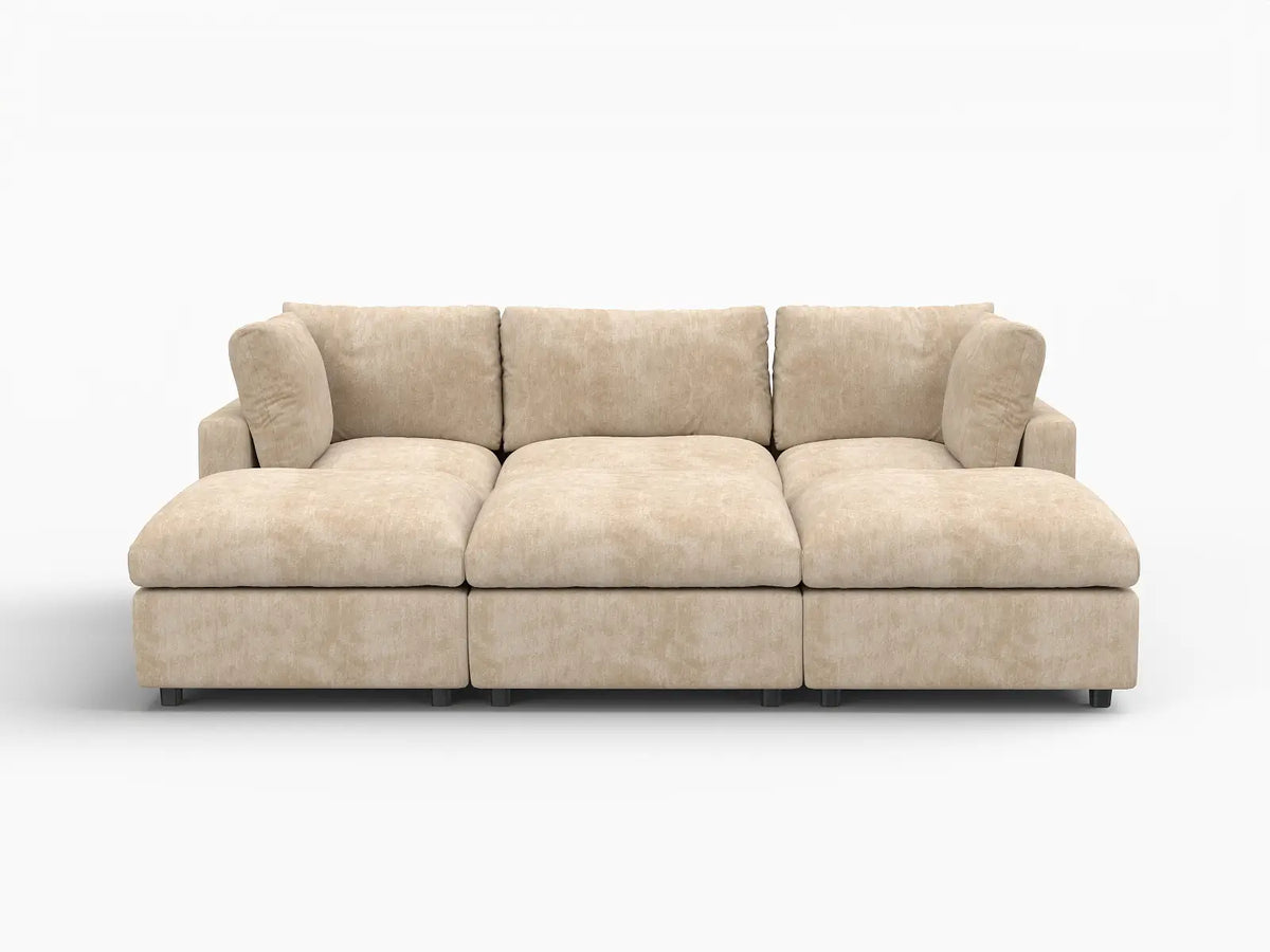Deluxe Cloud 3-Seater Khaki Large Space Pit Sectional | 6-Piece (Includes 3 Ottomans), Linen-Blend Chenille Fabric, Easy To Clean