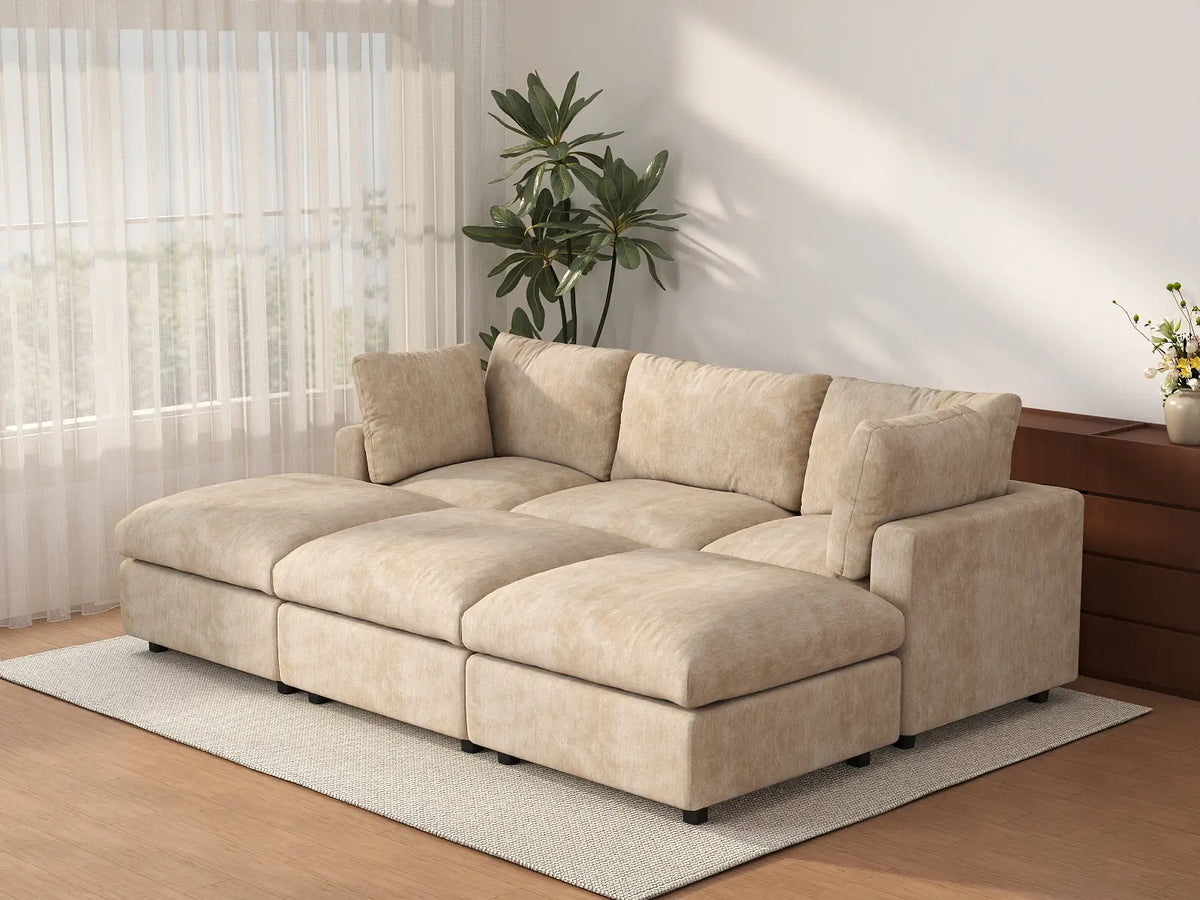 Deluxe Cloud 3-Seater Khaki Large Space Pit Sectional | 6-Piece (Includes 3 Ottomans), Linen-Blend Chenille Fabric, Easy To Clean