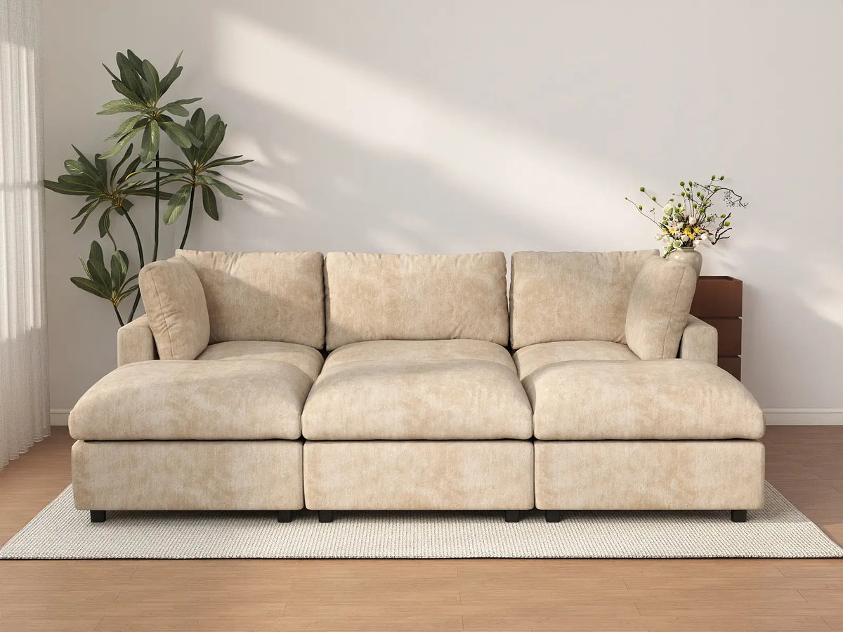 Deluxe Cloud 3-Seater Khaki Large Space Pit Sectional | 6-Piece (Includes 3 Ottomans), Linen-Blend Chenille Fabric, Easy To Clean