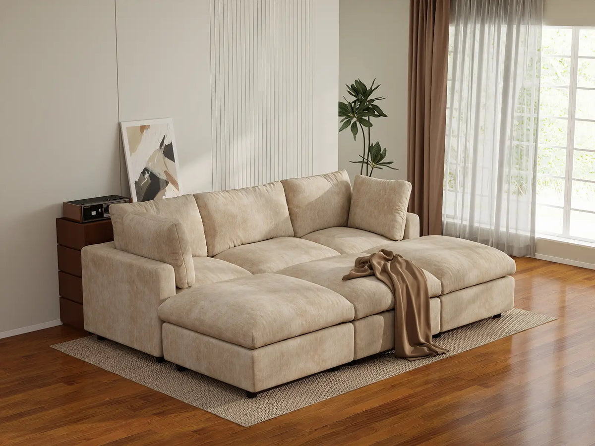 Deluxe Cloud 3-Seater Khaki Large Space Pit Sectional | 6-Piece (Includes 3 Ottomans), Linen-Blend Chenille Fabric, Easy To Clean