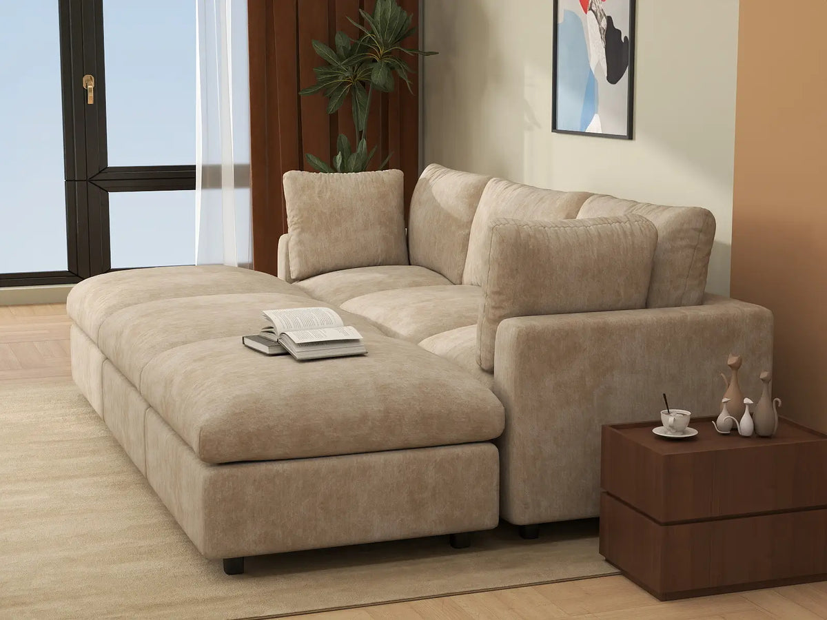 Deluxe Cloud 3-Seater Khaki Large Space Pit Sectional | 6-Piece (Includes 3 Ottomans), Linen-Blend Chenille Fabric, Easy To Clean