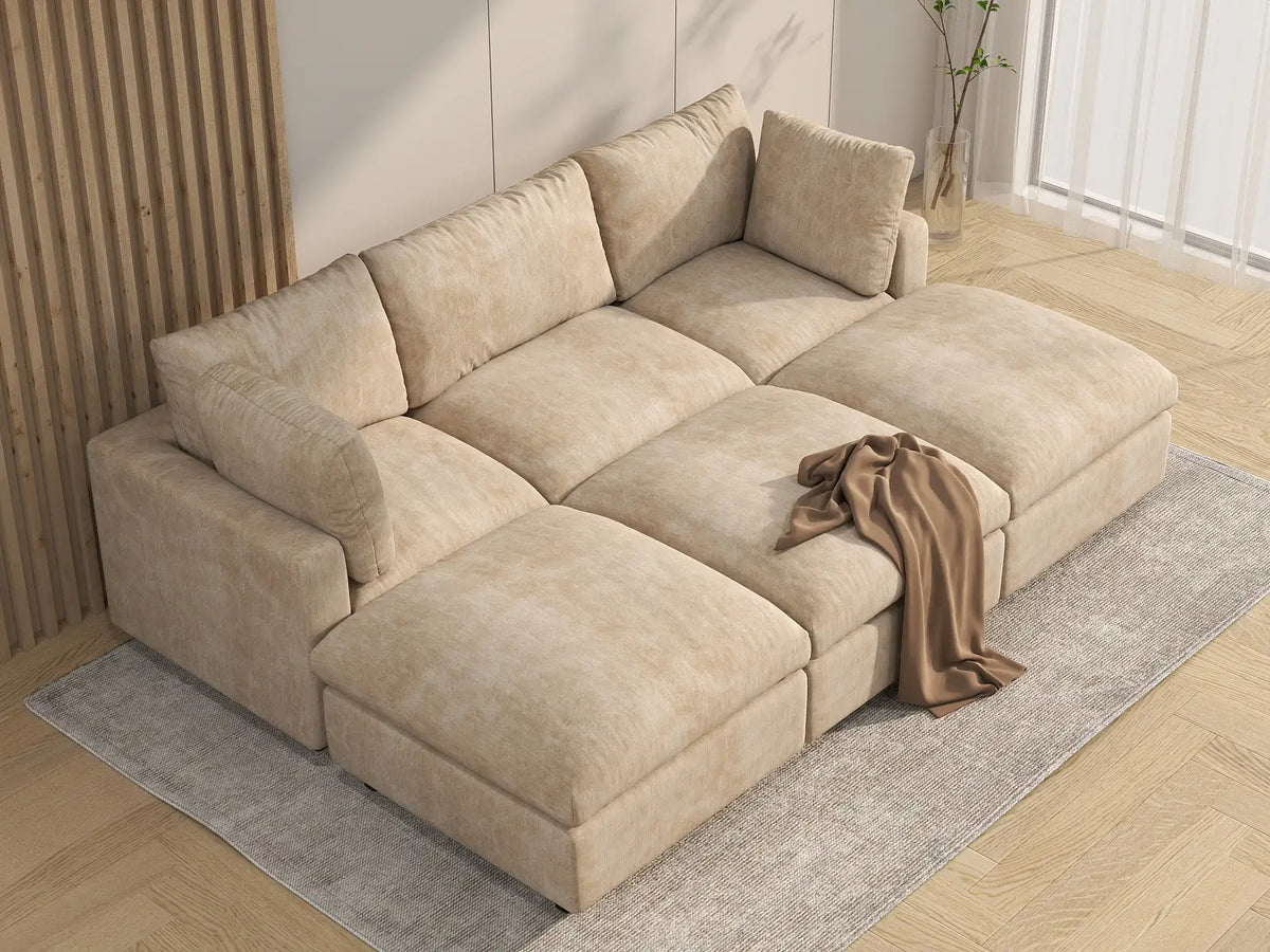 Deluxe Cloud 3-Seater Khaki Large Space Pit Sectional | 6-Piece (Includes 3 Ottomans), Linen-Blend Chenille Fabric, Easy To Clean