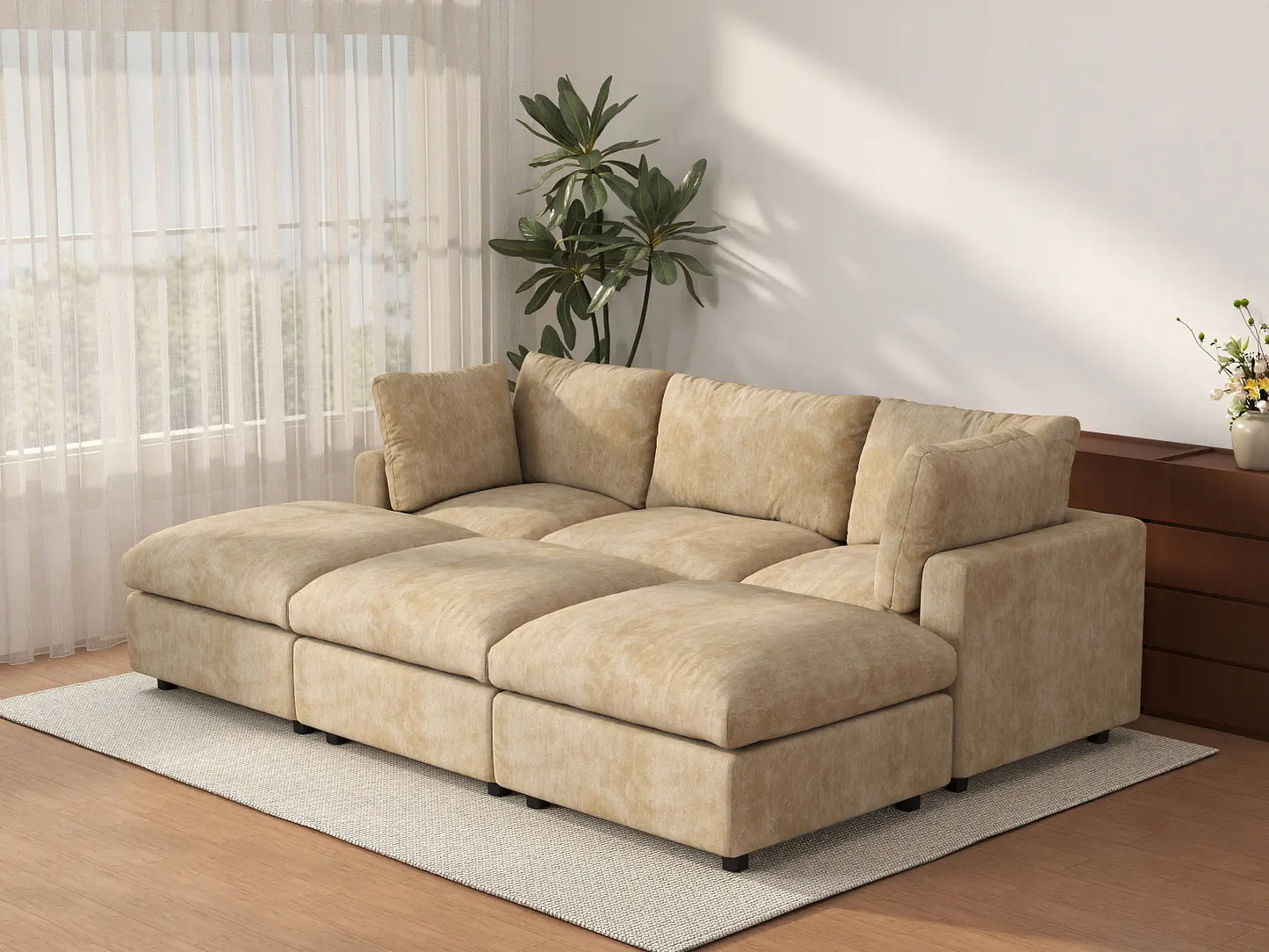 Sofá seccional de pozo de 3 asientos Deluxe Cloud Khaki de gran espacio | 6 piezas (incluye 3 otomanas), tela de chenilla de mezcla de lino, fácil de limpiar