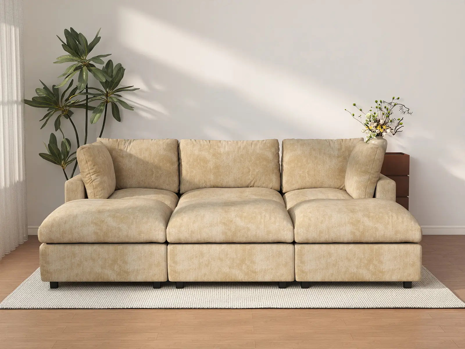 Sofá seccional de pozo de 3 asientos Deluxe Cloud Khaki de gran espacio | 6 piezas (incluye 3 otomanas), tela de chenilla de mezcla de lino, fácil de limpiar