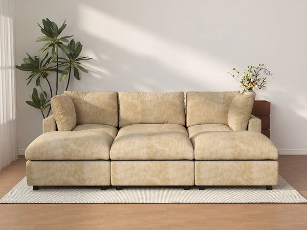 Sofá seccional de pozo de 3 asientos Deluxe Cloud Khaki de gran espacio | 6 piezas (incluye 3 otomanas), tela de chenilla de mezcla de lino, fácil de limpiar