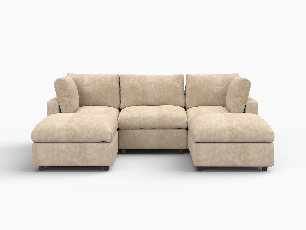 Deluxe Cloud 3-Seater Khaki Large Space U-Shaped Sectional | 5-Piece (Includes 2 Ottomans), Linen-Blend Chenille Fabric, Easy To Clean
