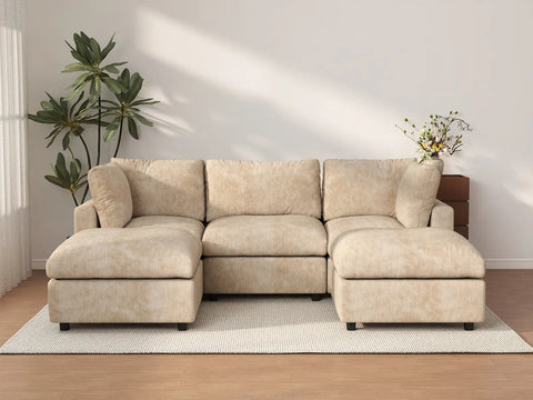 Deluxe Cloud 3-Seater Khaki Large Space U-Shaped Sectional | 5-Piece (Includes 2 Ottomans), Linen-Blend Chenille Fabric, Easy To Clean