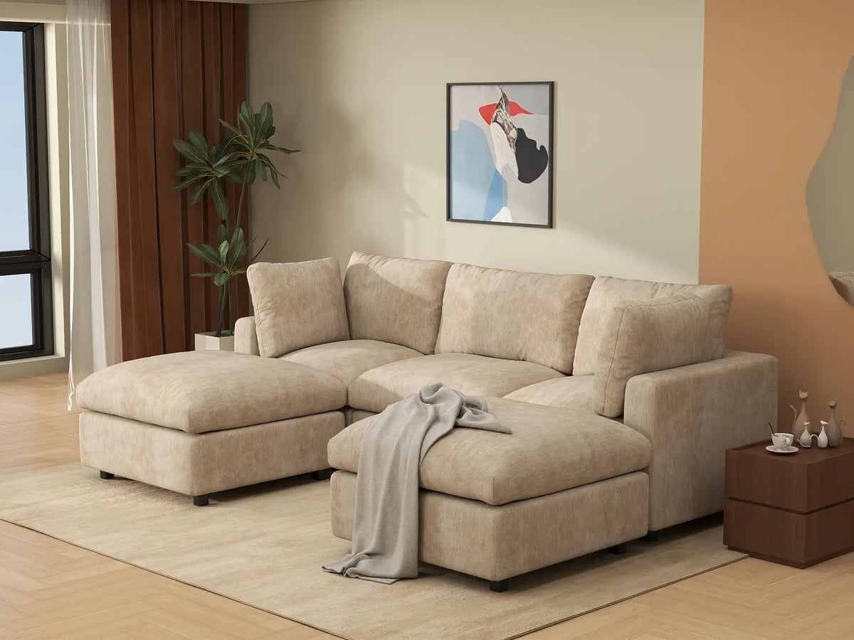 Deluxe Cloud 3-Seater Khaki Large Space U-Shaped Sectional | 5-Piece (Includes 2 Ottomans), Linen-Blend Chenille Fabric, Easy To Clean