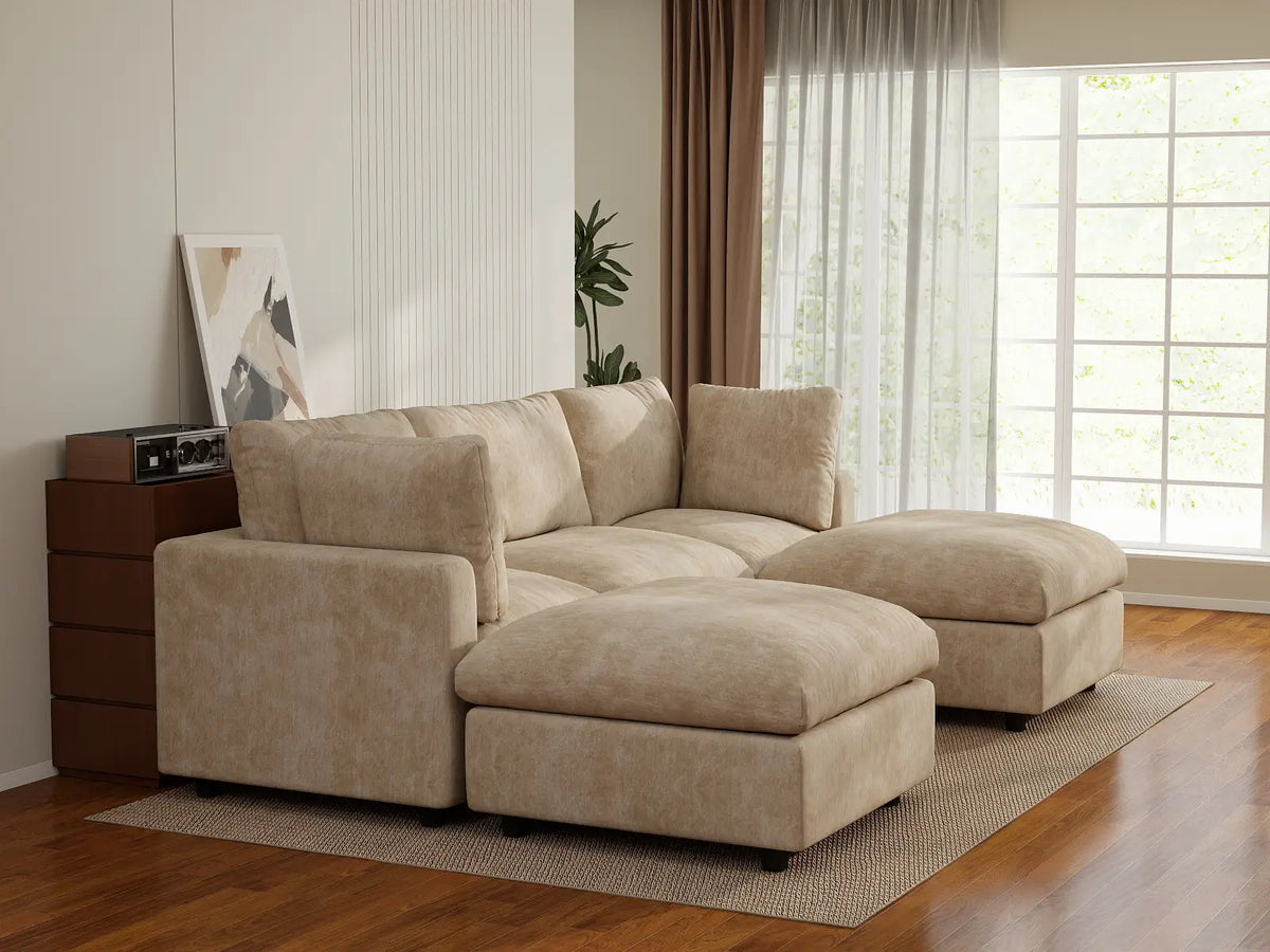 Deluxe Cloud 3-Seater Khaki Large Space U-Shaped Sectional | 5-Piece (Includes 2 Ottomans), Linen-Blend Chenille Fabric, Easy To Clean